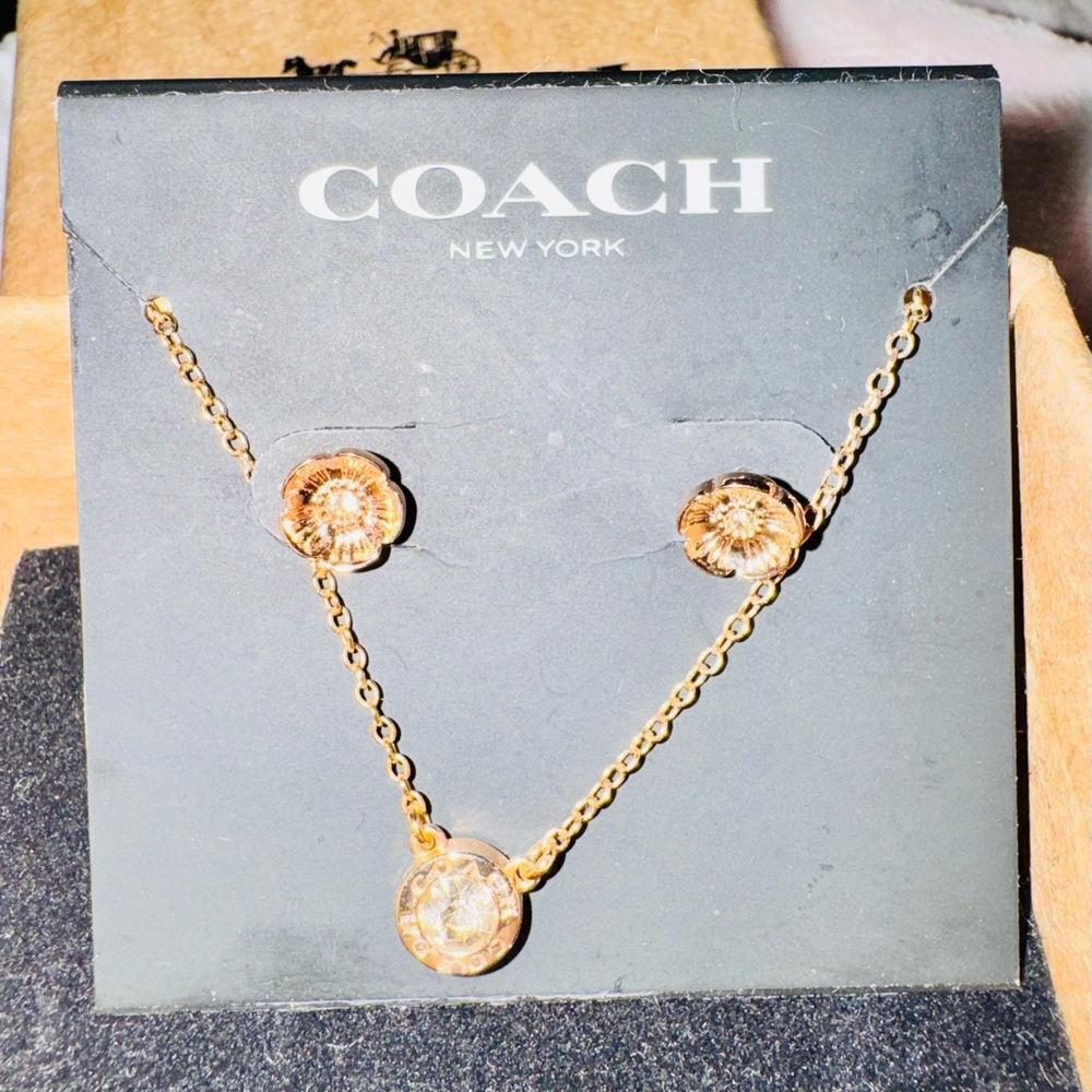 Coach Rose Gold Open Circle Necklace and Tea Rose Stud Earrings Set NWT - Picture 3 of 8